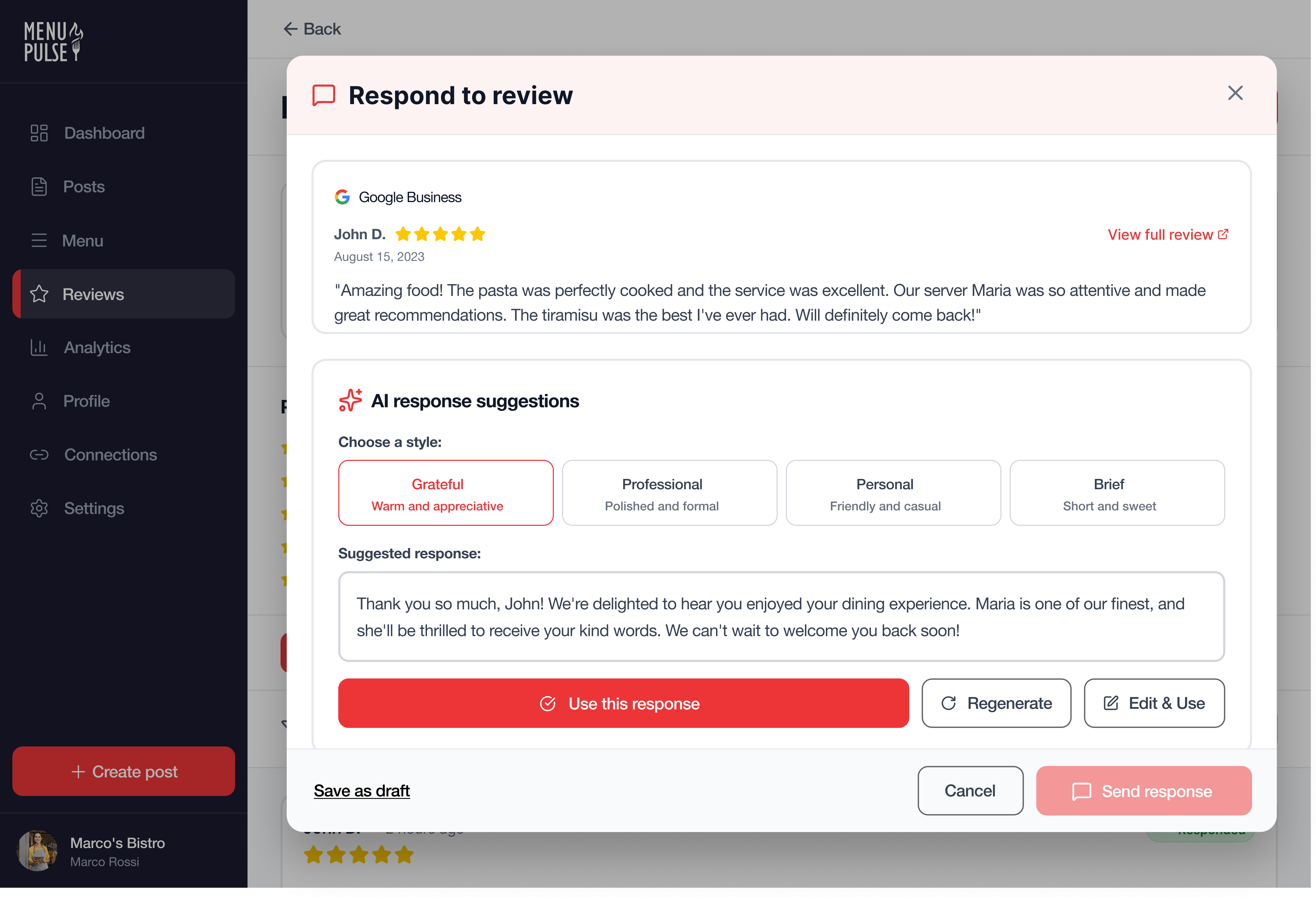 Review response modal with style selection and AI suggestion